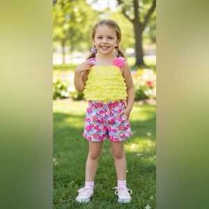 Little lass romper girls size 6 yellow pink blue neon sleeveless lace spring